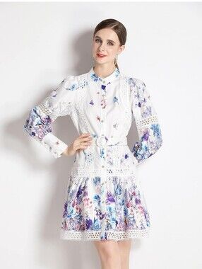 White Floral Lace-Trim Midi Dress with Belt